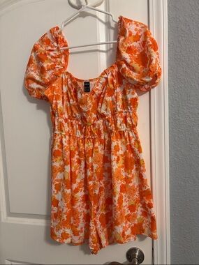 Shein Orange Floral Puff-Sleeve romper